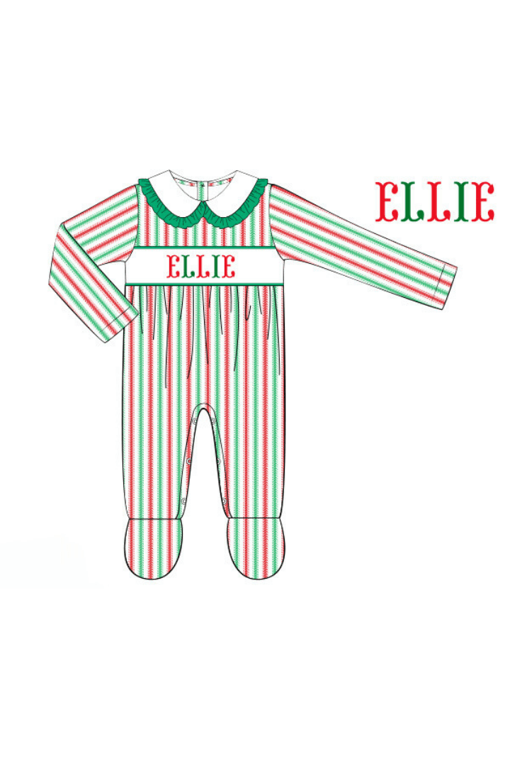 The Smocked Flamingo Pre-Order Hand Smocked Custom Name Christmas Stripe Footed Ruffle Romper