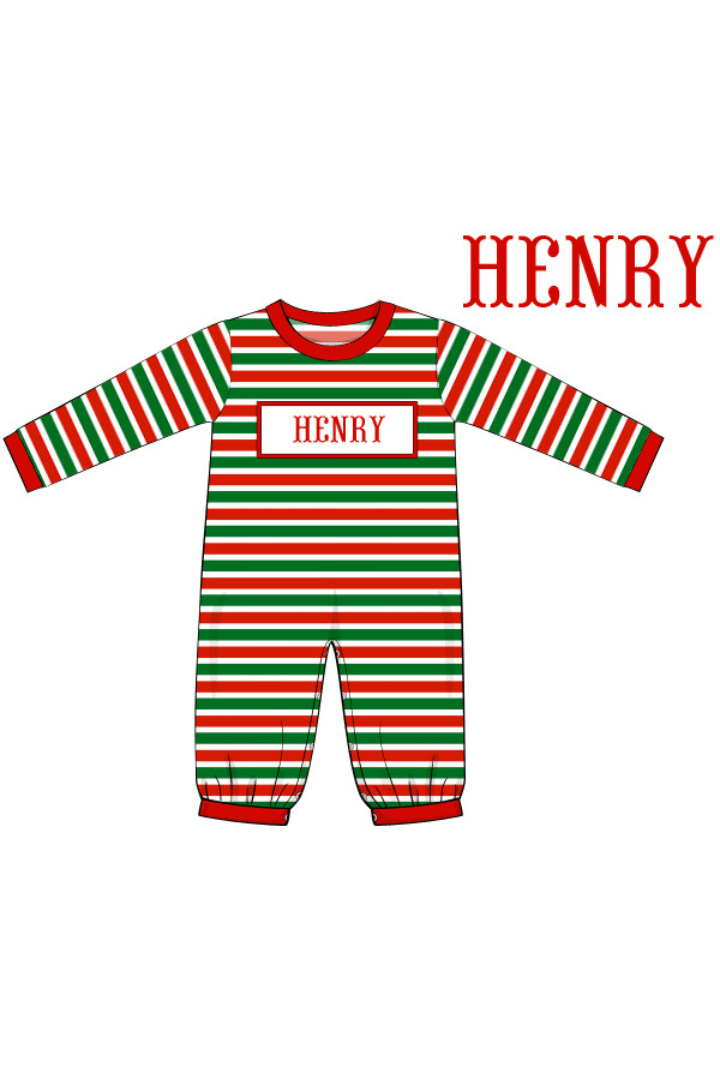 The Smocked Flamingo Pre-Order Hand Smocked Custom Name Christmas Stripe Knit Romper