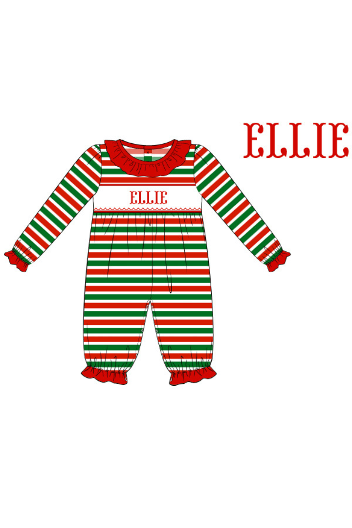 The Smocked Flamingo Pre-Order Hand Smocked Custom Name Christmas Stripe Ruffle Knit Romper