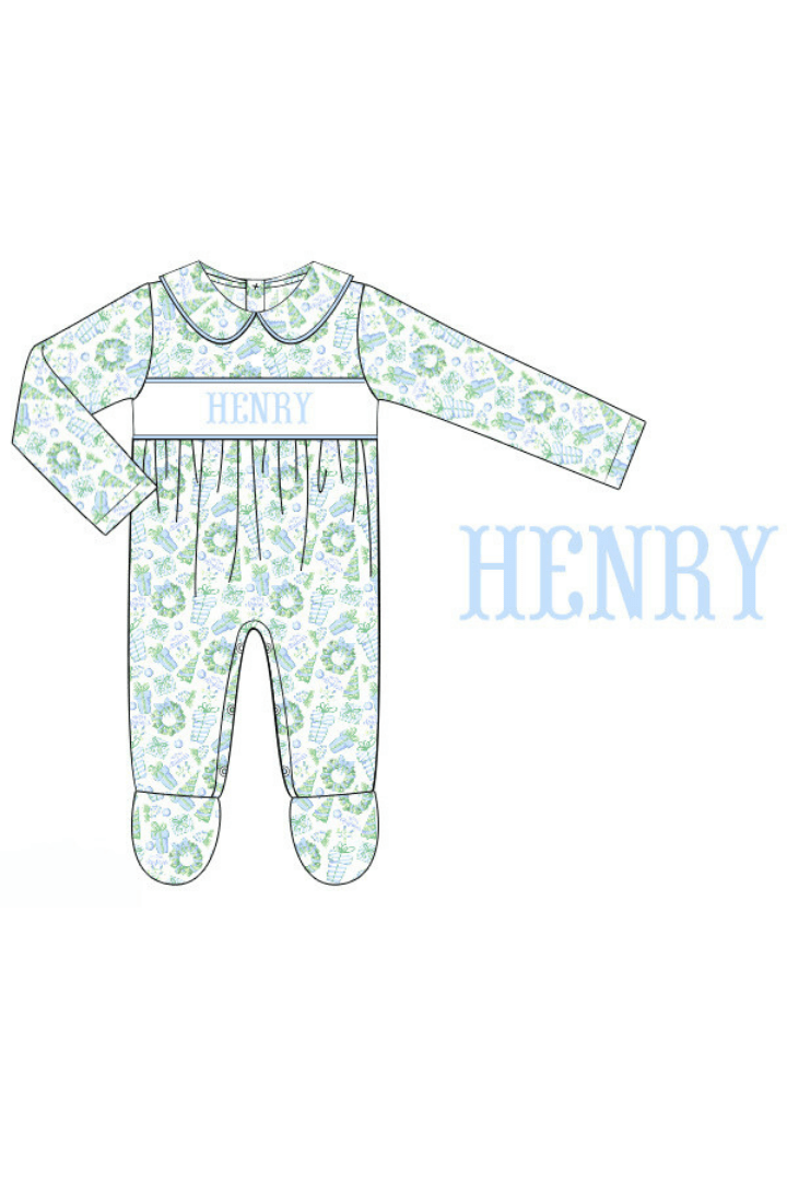 The Smocked Flamingo Pre-Order Hand Smocked Custom Name Deck the Halls Blue Footed Romper