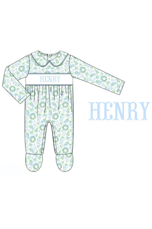 The Smocked Flamingo Pre-Order Hand Smocked Custom Name Deck the Halls Blue Footed Romper