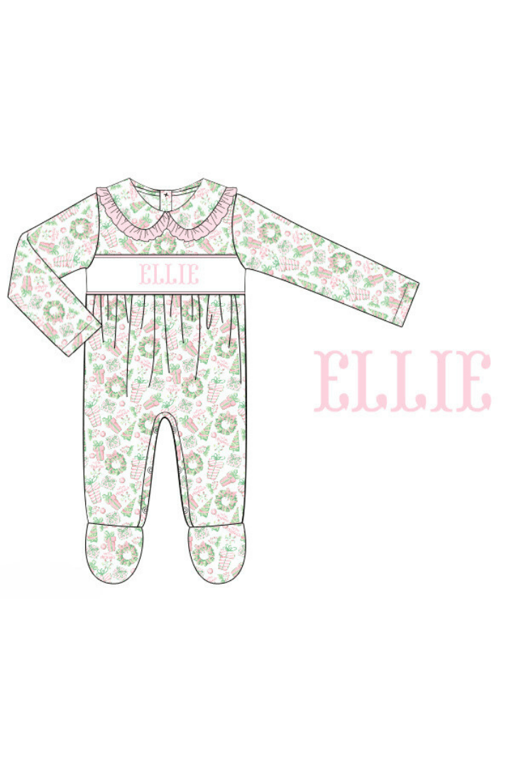 The Smocked Flamingo Pre-Order Hand Smocked Custom Name Deck the Halls Pink Footed Romper