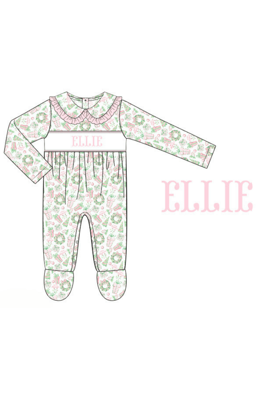The Smocked Flamingo Pre-Order Hand Smocked Custom Name Deck the Halls Pink Footed Romper