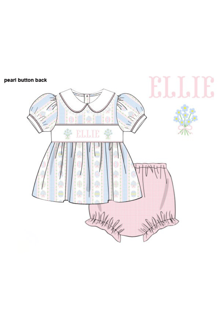 The Smocked Flamingo Pre-Order Hand Smocked Custom Name Easter Bouquet Bloomer Set