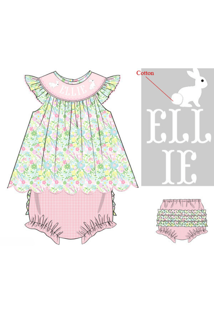 The Smocked Flamingo Pre-Order Hand Smocked Custom Name Ellie Floral Bloomer Set