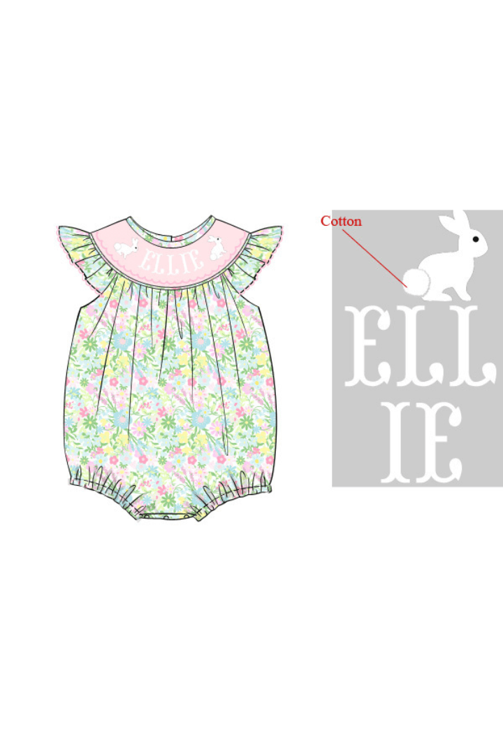 The Smocked Flamingo Pre-Order Hand Smocked Custom Name Ellie Floral Bubble