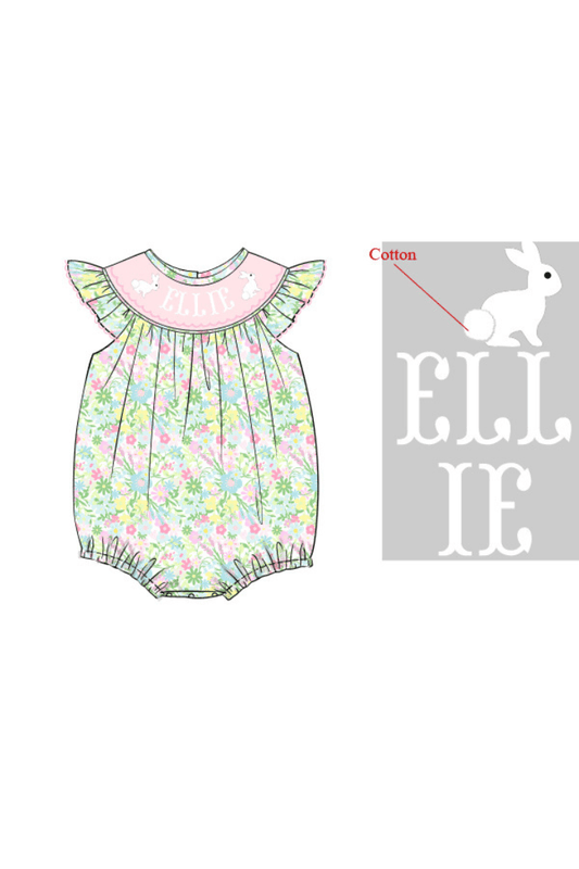 The Smocked Flamingo Pre-Order Hand Smocked Custom Name Ellie Floral Bubble