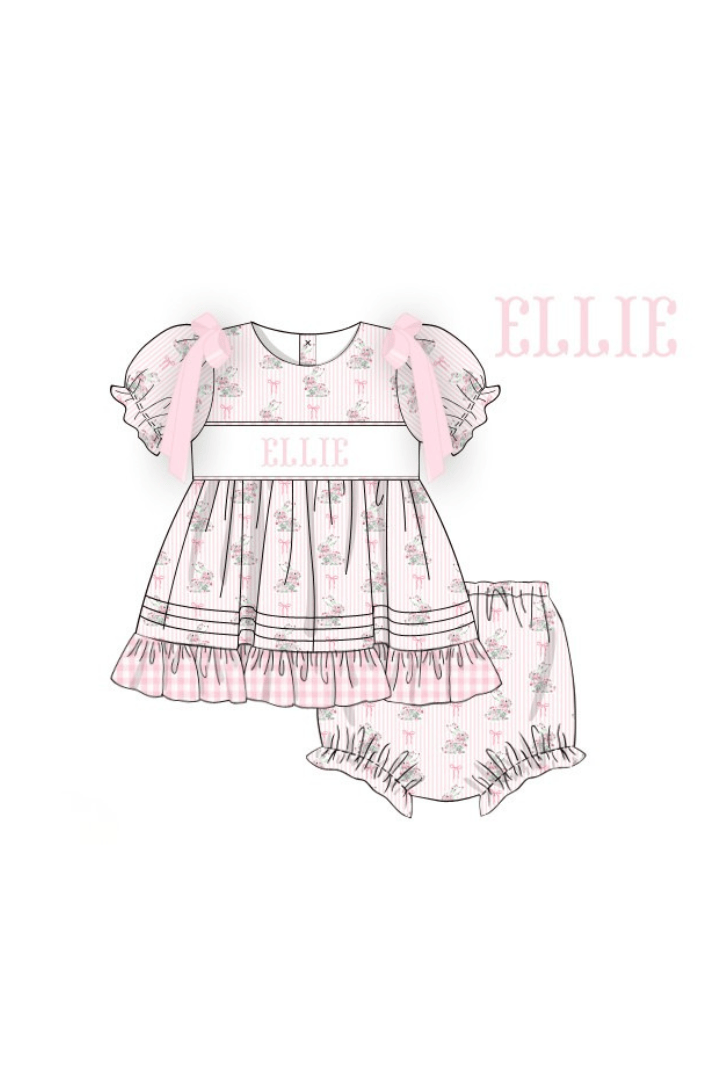 The Smocked Flamingo Pre-Order Hand Smocked Custom Name Floral Bunny Bow Bloomer Set