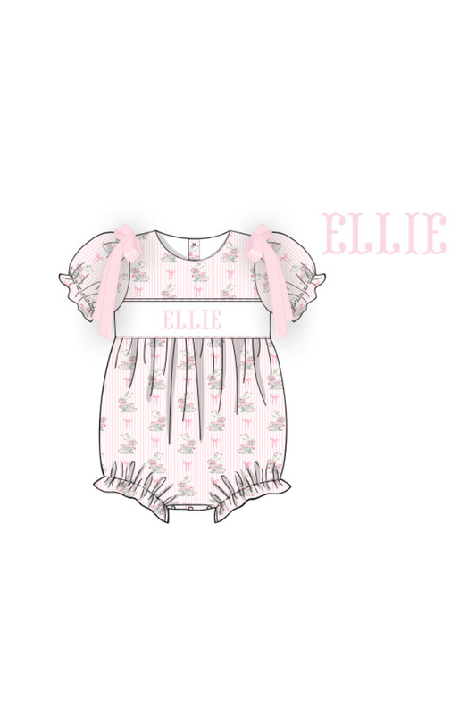 The Smocked Flamingo Pre-Order Hand Smocked Custom Name Floral Bunny Bow Bubble