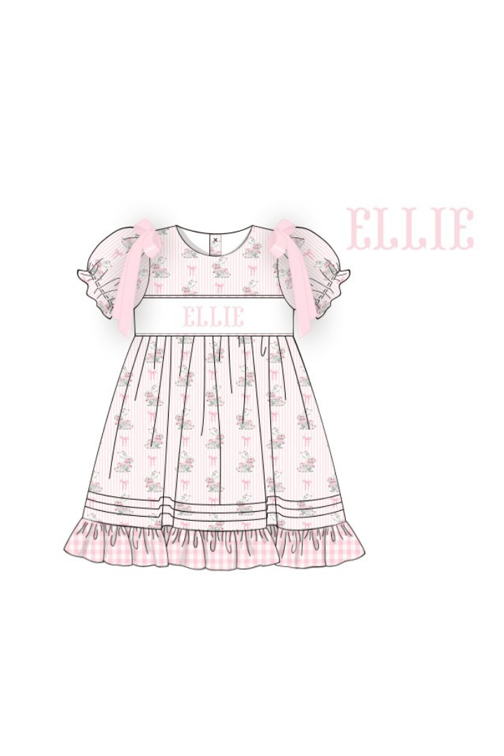 The Smocked Flamingo Pre-Order Hand Smocked Custom Name Floral Bunny Bow Dress