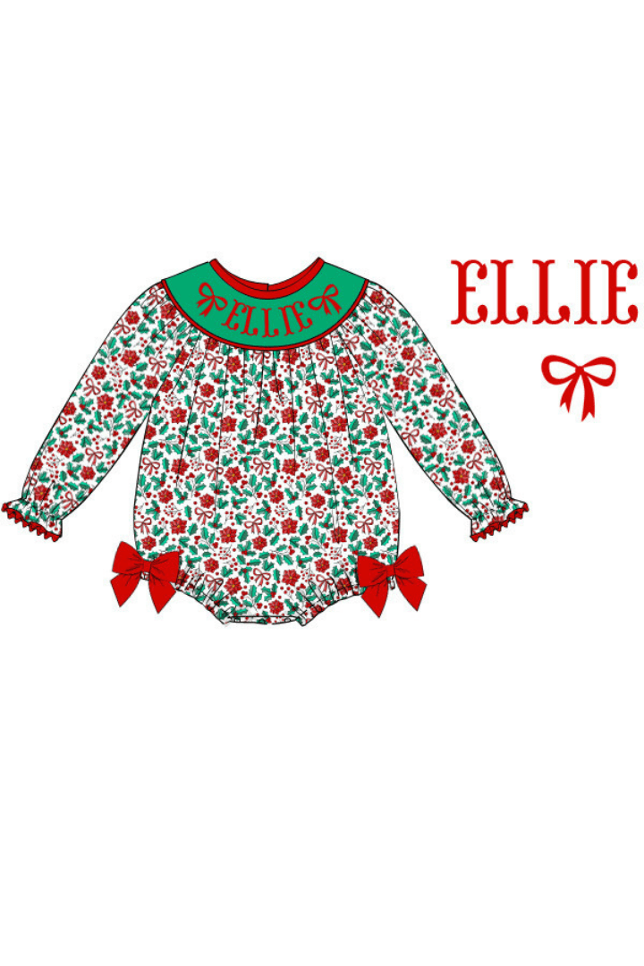 The Smocked Flamingo Pre-Order Hand Smocked Custom Name Floral Holly Bishop Bubble