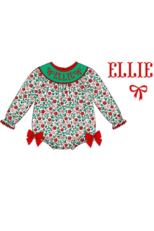 The Smocked Flamingo Pre-Order Hand Smocked Custom Name Floral Holly Bishop Bubble