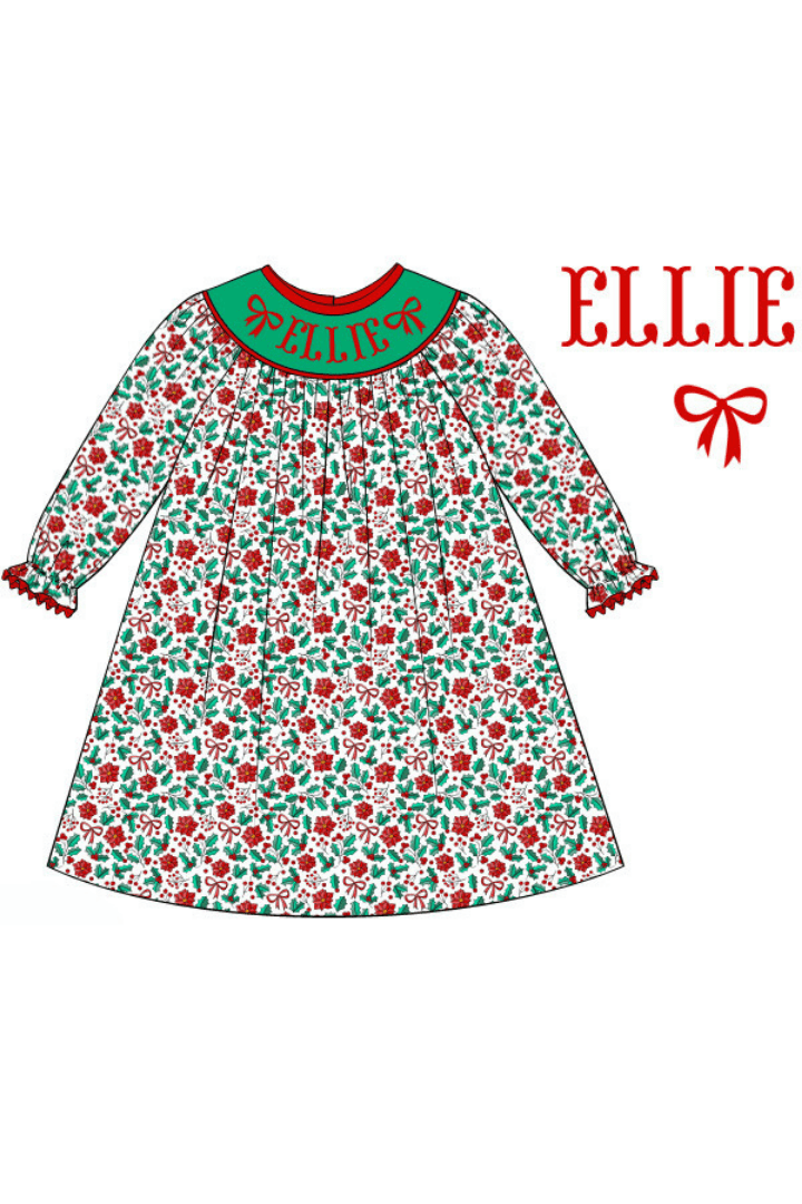 The Smocked Flamingo Pre-Order Hand Smocked Custom Name Floral Holly Bishop Dress