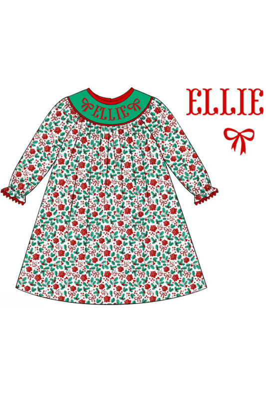 The Smocked Flamingo Pre-Order Hand Smocked Custom Name Floral Holly Bishop Dress
