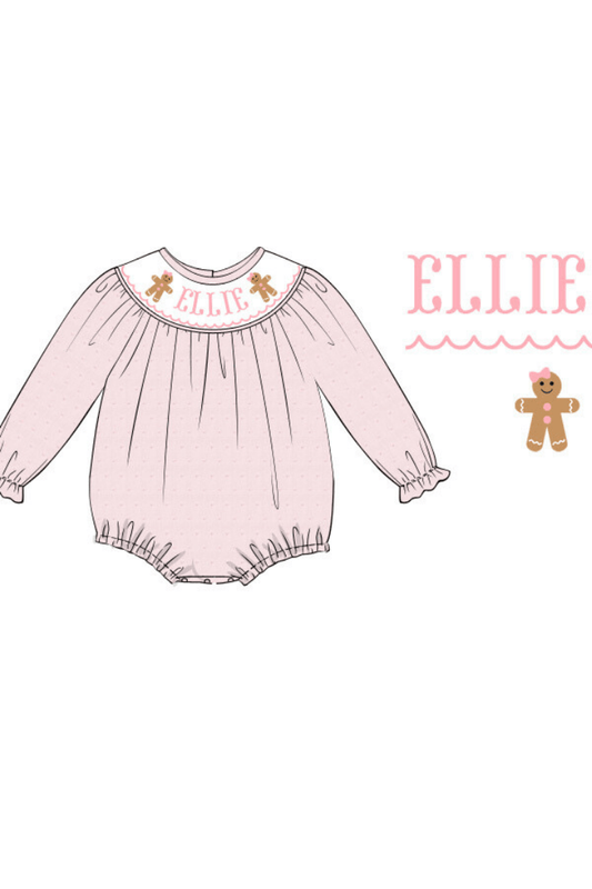 The Smocked Flamingo Pre-Order Hand Smocked Custom Name Gingerbread Pink Swiss Dot Bubble