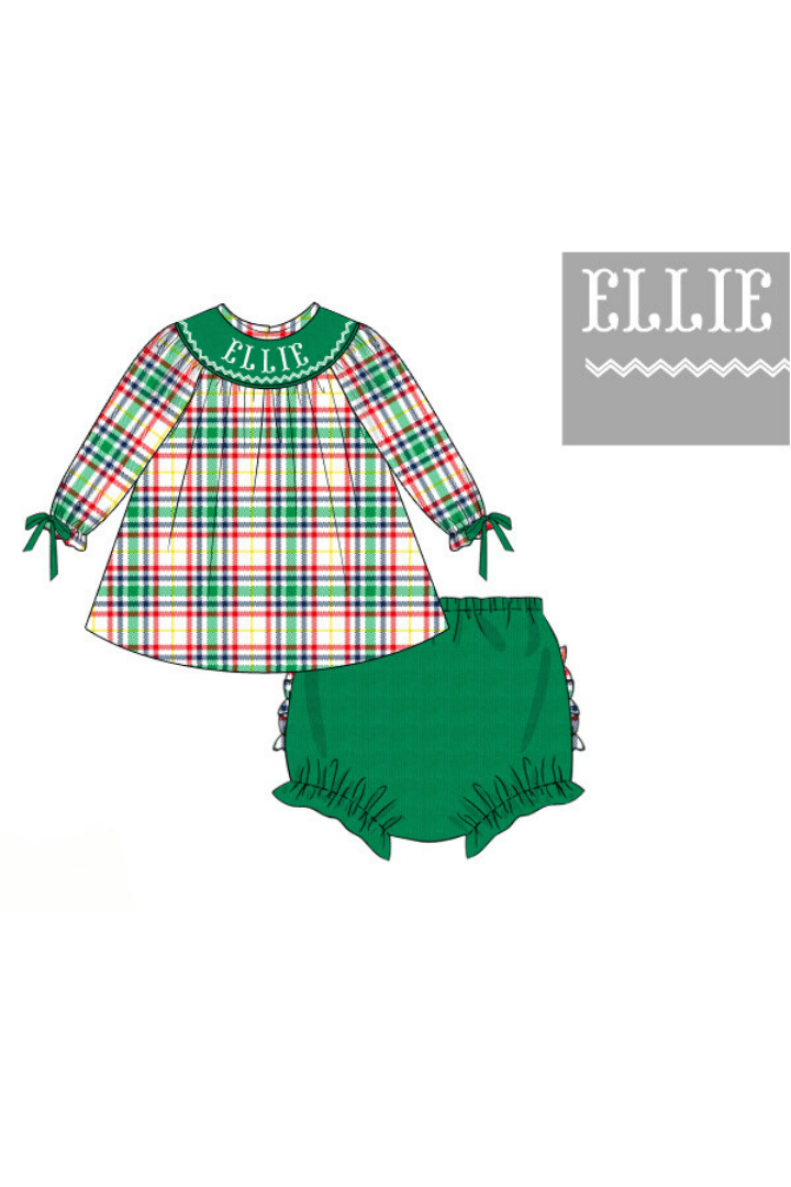 The Smocked Flamingo Pre-Order Hand Smocked Custom Name Green Plaid Bloomer Set