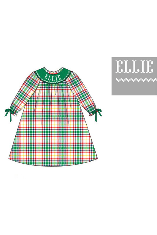 The Smocked Flamingo Pre-Order Hand Smocked Custom Name Green Plaid Dress