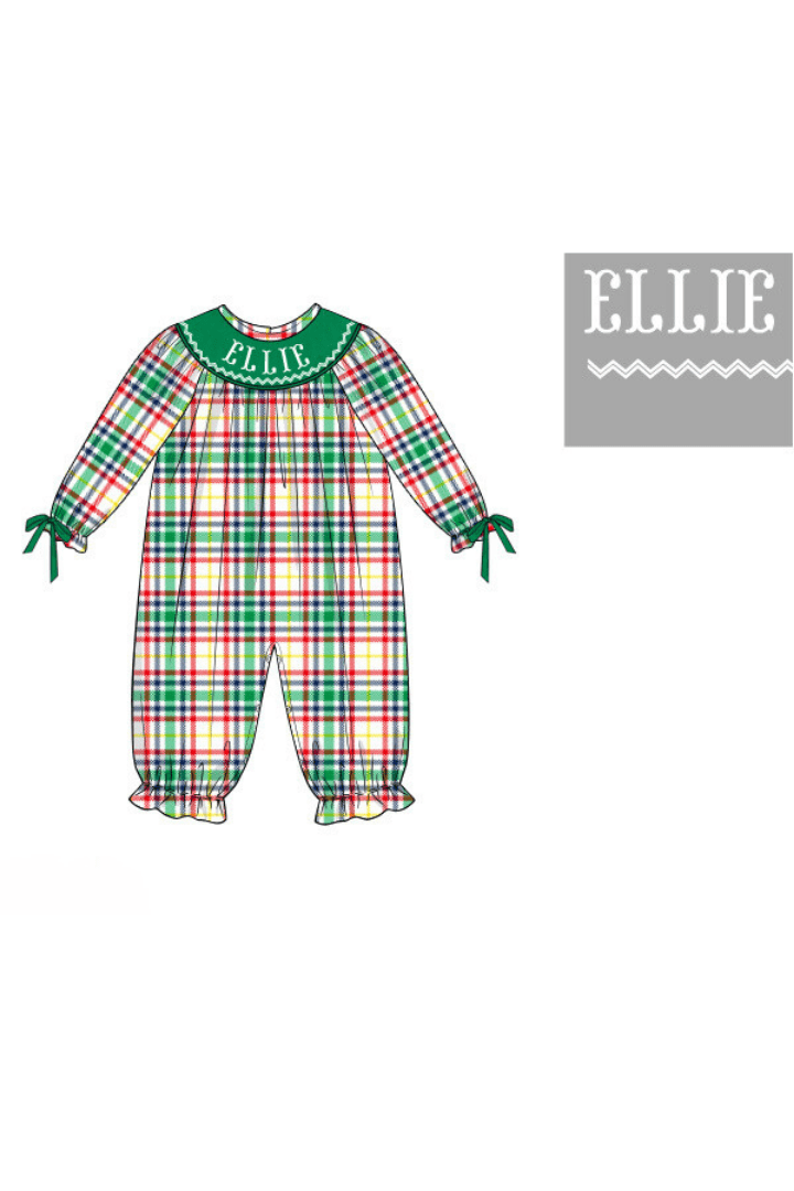 The Smocked Flamingo Pre-Order Hand Smocked Custom Name Green Plaid Romper