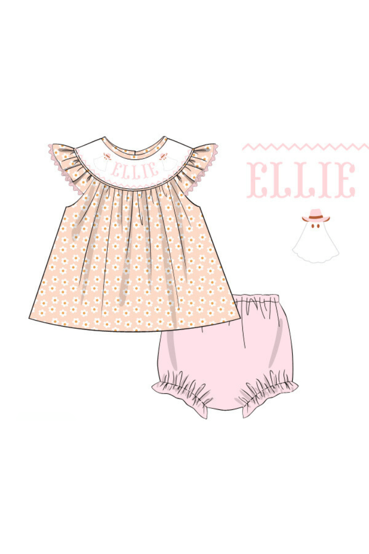 The Smocked Flamingo Pre-Order Hand Smocked Custom Name Groovy Ghost Bloomer Set