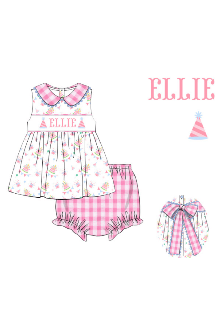 The Smocked Flamingo Pre-Order Hand Smocked Custom Name Happy Birthday Bloomer Set