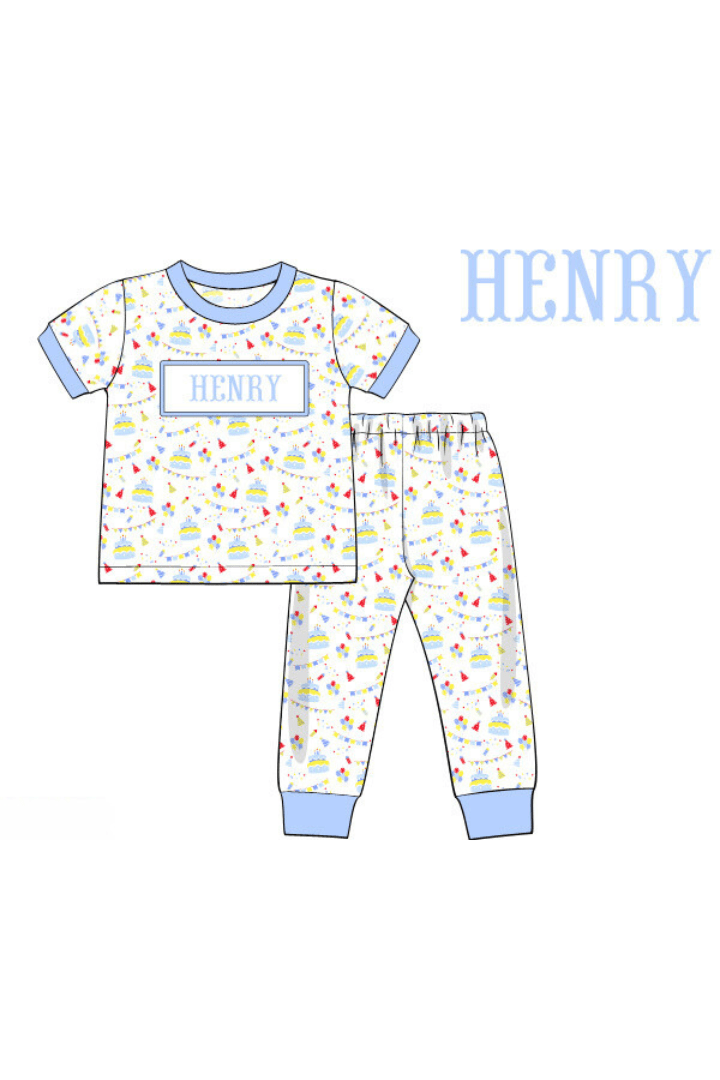 The Smocked Flamingo Pre-Order Hand Smocked Custom Name Happy Birthday Boy Lounge Set