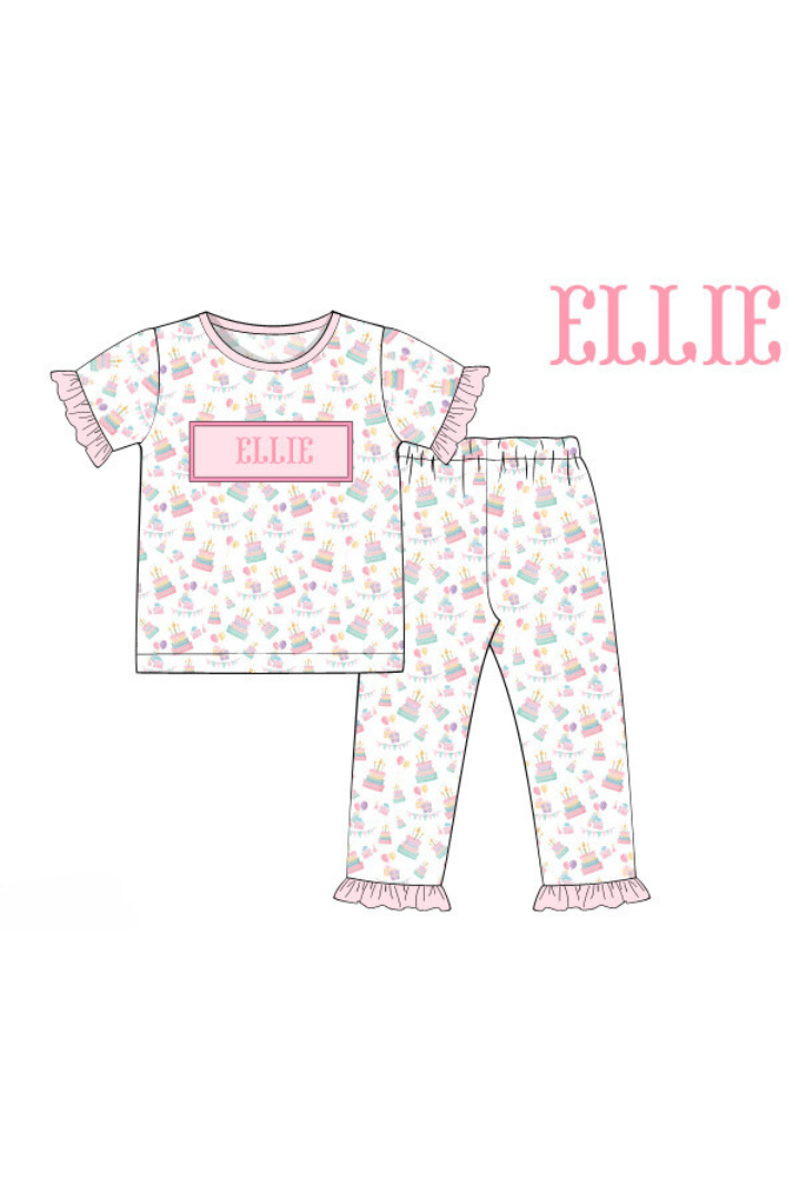 The Smocked Flamingo Pre-Order Hand Smocked Custom Name Happy Birthday Girl Lounge Set