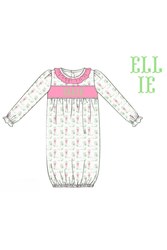 The Smocked Flamingo Pre-Order Hand Smocked Custom Name Holiday Boots Baby Gown