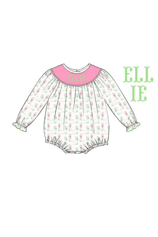The Smocked Flamingo Pre-Order Hand Smocked Custom Name Holiday Boots Bubble