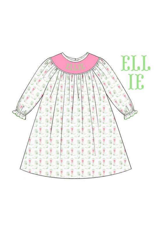 The Smocked Flamingo Pre-Order Hand Smocked Custom Name Holiday Boots Dress