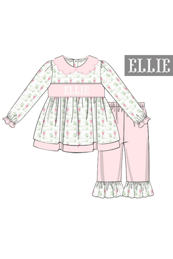 The Smocked Flamingo Pre-Order Hand Smocked Custom Name Holiday Boots Pant Set