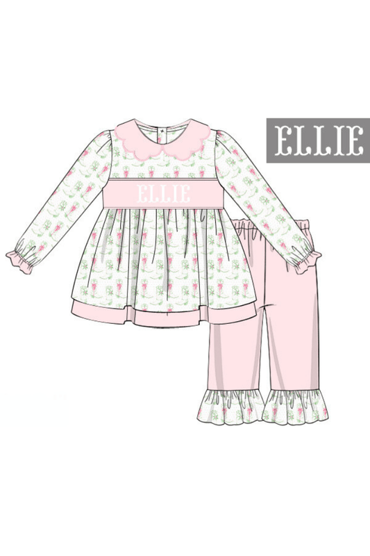 The Smocked Flamingo Pre-Order Hand Smocked Custom Name Holiday Boots Pant Set