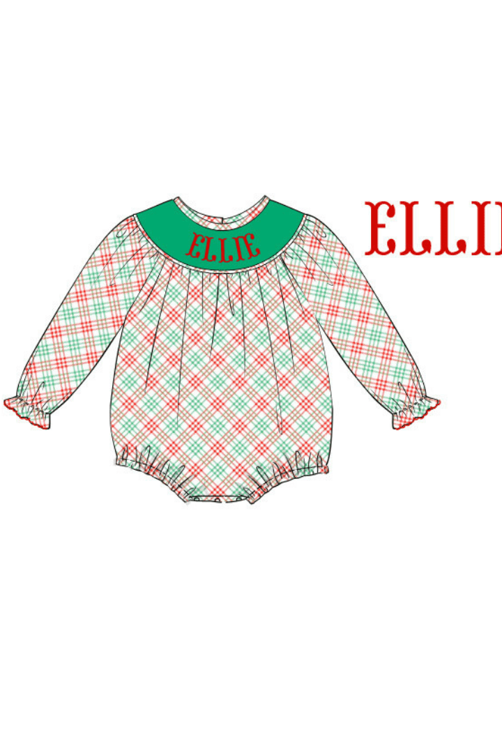 The Smocked Flamingo Pre-Order Hand Smocked Custom Name Holiday Plaid Bubble