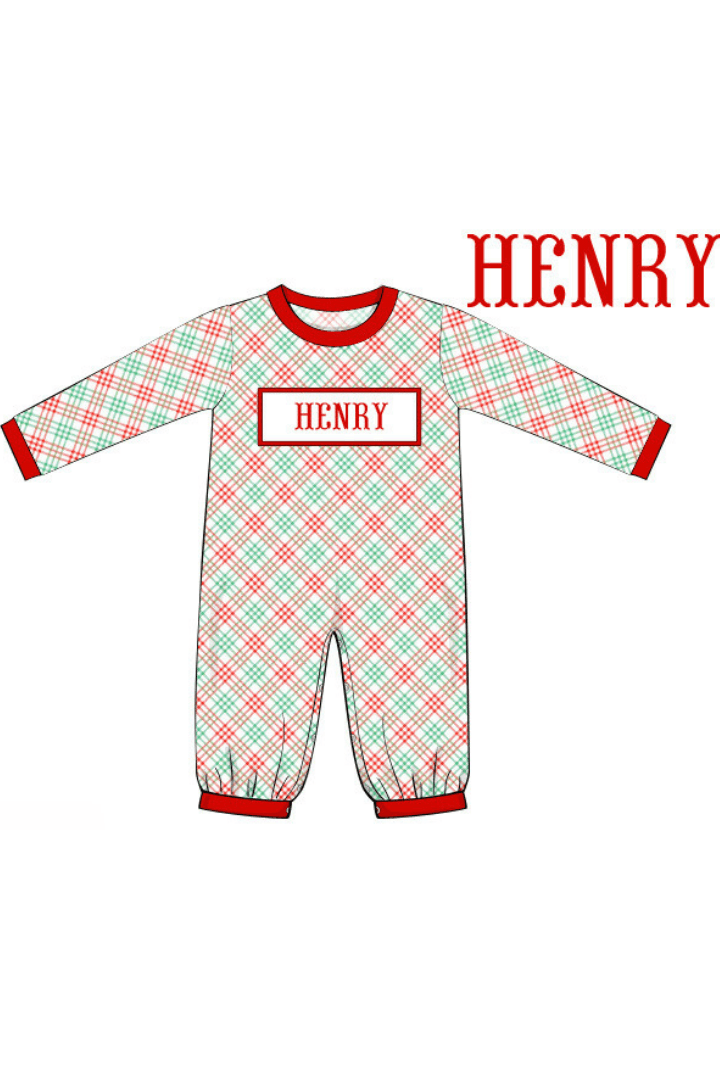The Smocked Flamingo Pre-Order Hand Smocked Custom Name Holiday Plaid Romper