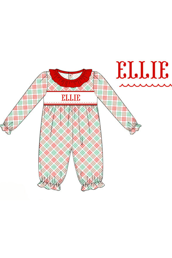 The Smocked Flamingo Pre-Order Hand Smocked Custom Name Holiday Plaid Ruffle Romper