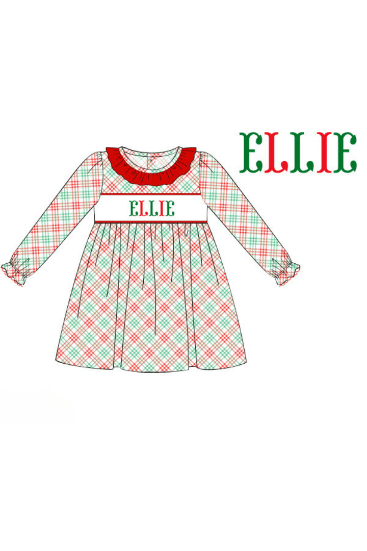 The Smocked Flamingo Pre-Order Hand Smocked Custom Name Holliday Plaid Dress