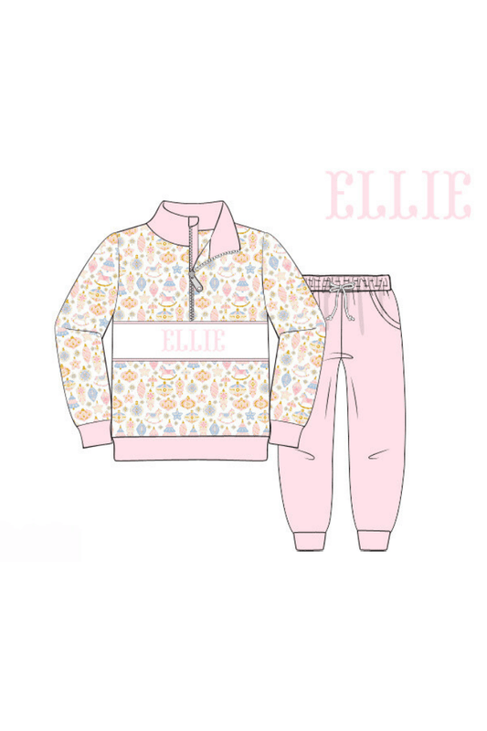 The Smocked Flamingo Pre-Order Hand Smocked Custom Name Holly Day Jogger Set