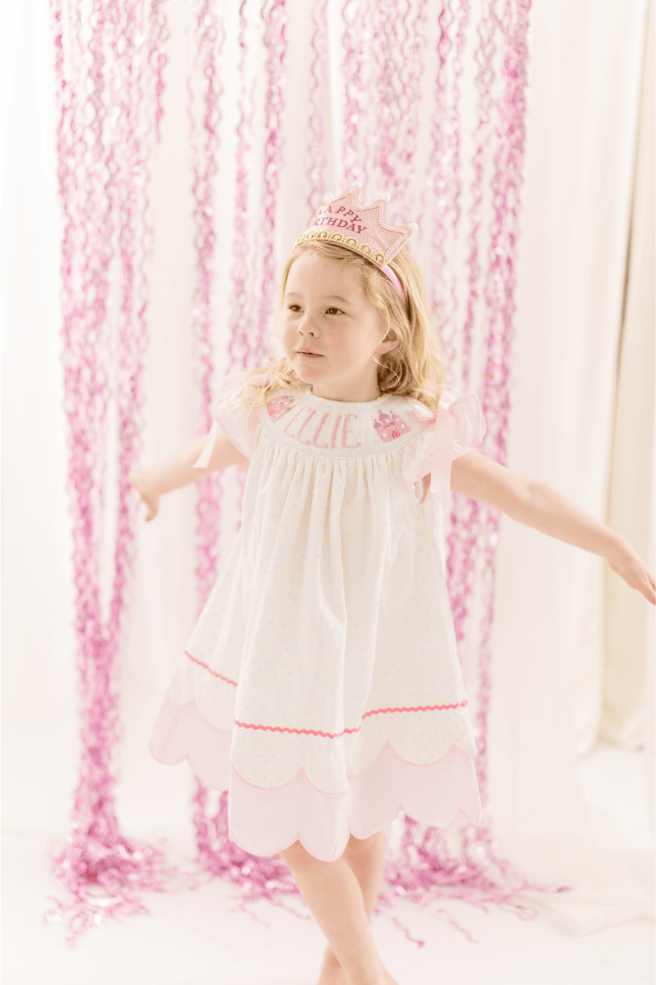 The Smocked Flamingo Pre-Order Hand Smocked Custom Name Magic Castle Swiss Dot Dress