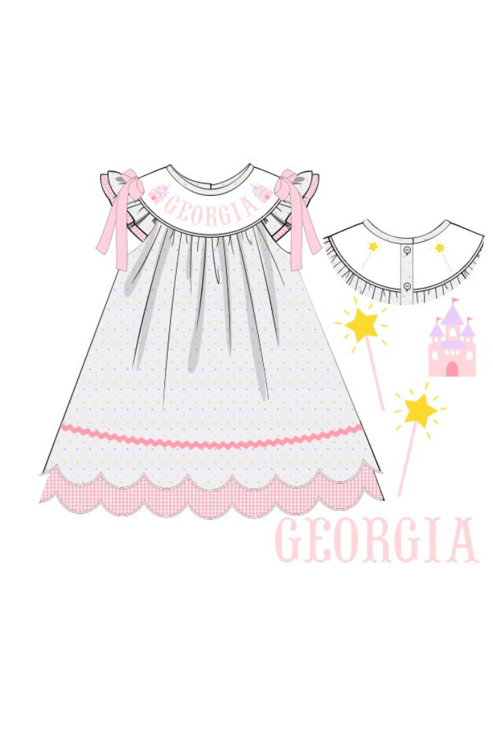 The Smocked Flamingo Pre-Order Hand Smocked Custom Name Magic Castle Swiss Dot Dress