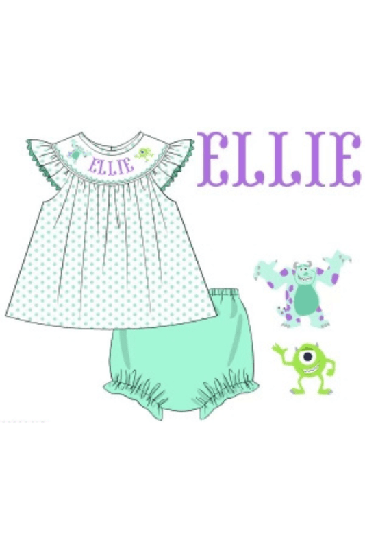 The Smocked Flamingo Pre-Order Hand Smocked Custom Name Monsters Mint Bloomer Set