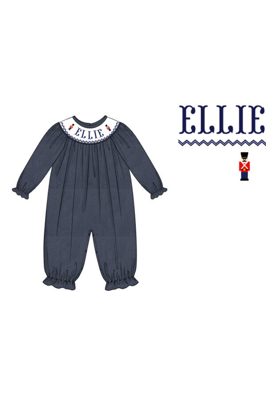 The Smocked Flamingo Pre-Order Hand Smocked Custom Name Navy Corduroy Nutcracker Bishop Romper
