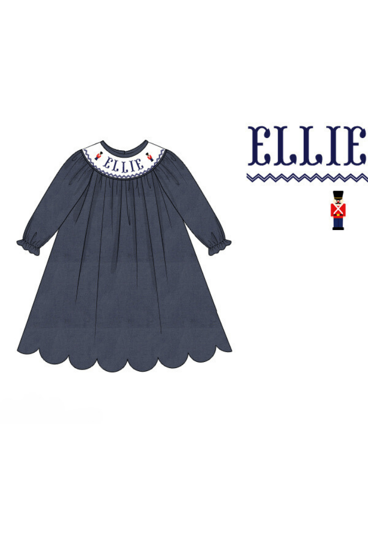 The Smocked Flamingo Pre-Order Hand Smocked Custom Name Navy Corduroy Nutcracker Dress
