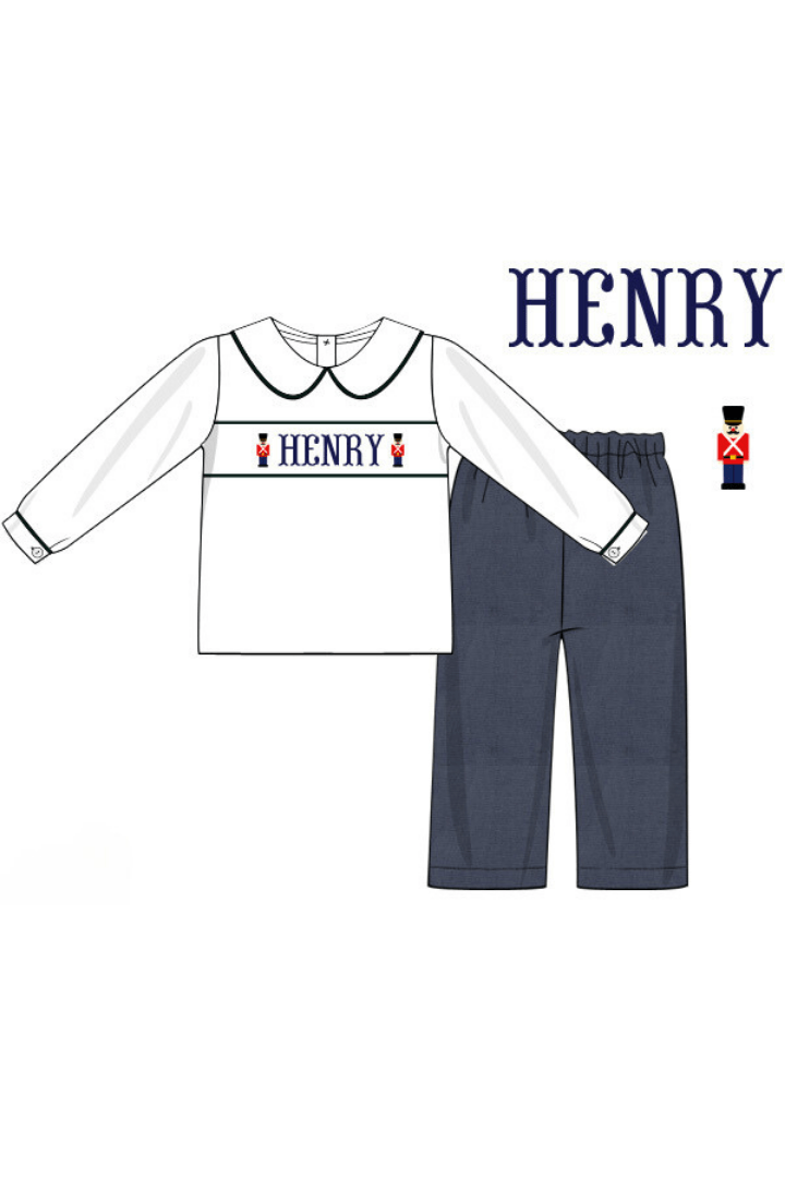 The Smocked Flamingo Pre-Order Hand Smocked Custom Name Navy Corduroy Nutcracker Pant Set