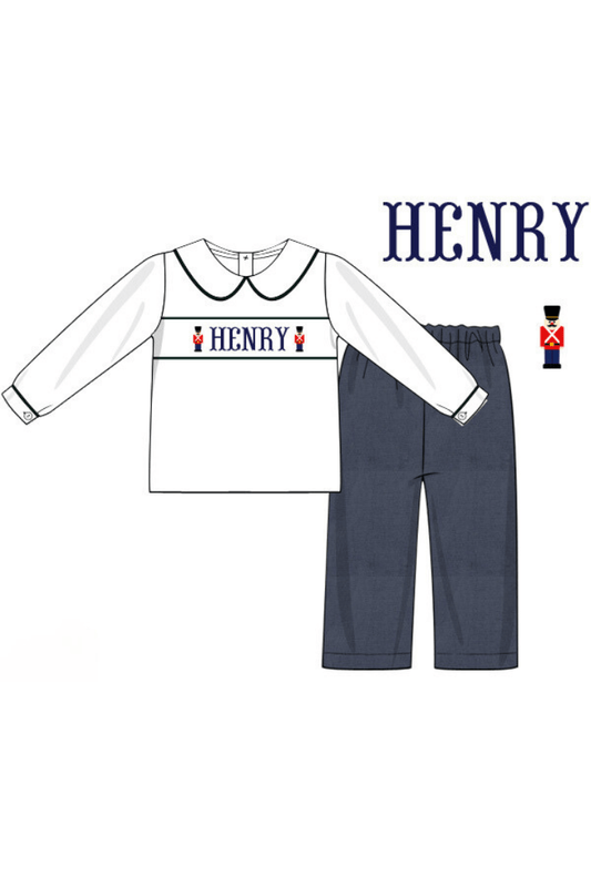 The Smocked Flamingo Pre-Order Hand Smocked Custom Name Navy Corduroy Nutcracker Pant Set