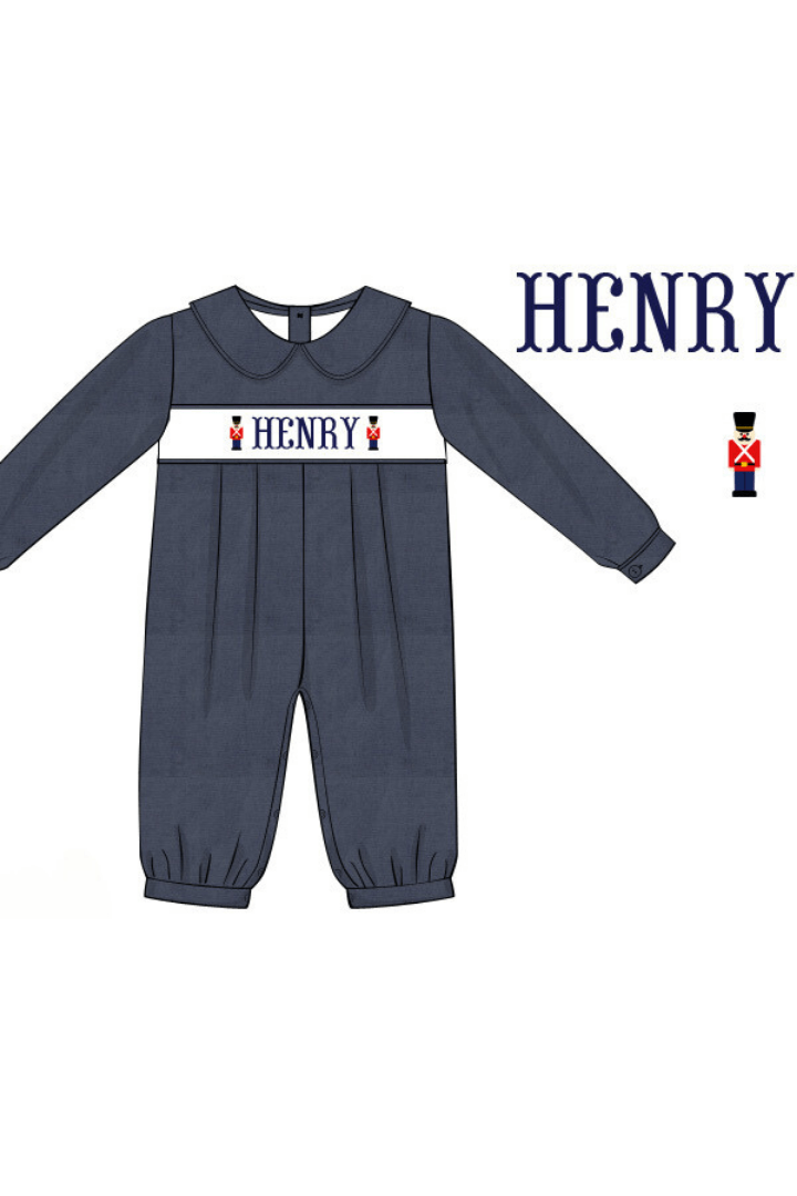 The Smocked Flamingo Pre-Order Hand Smocked Custom Name Navy Corduroy Nutcracker Romper