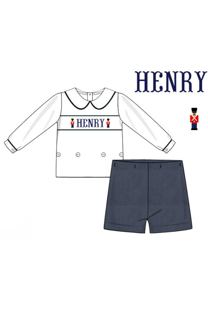The Smocked Flamingo Pre-Order Hand Smocked Custom Name Navy Corduroy Nutcracker Short Set