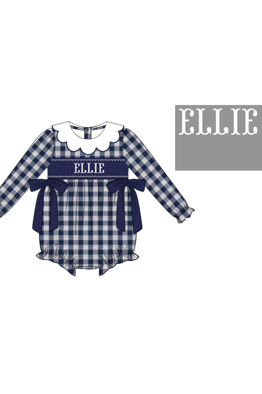 The Smocked Flamingo Pre-Order Hand Smocked Custom Name Navy Linen Gingham Scalloped Bubble