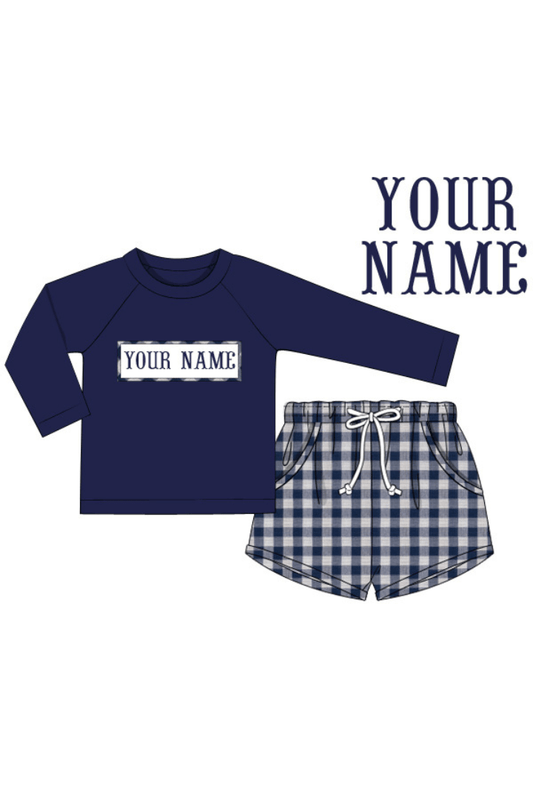 The Smocked Flamingo Pre-Order Hand Smocked Custom Name Navy Linen Gingham Short Set