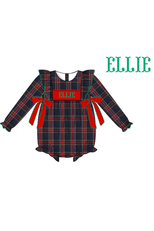The Smocked Flamingo Pre-Order Hand Smocked Custom Name Navy Tartan Bow Bubble