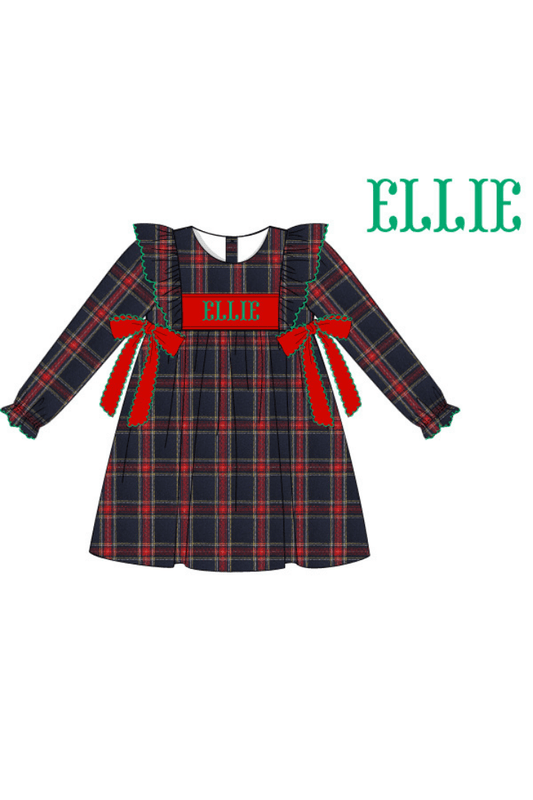 The Smocked Flamingo Pre-Order Hand Smocked Custom Name Navy Tartan Bow Dress