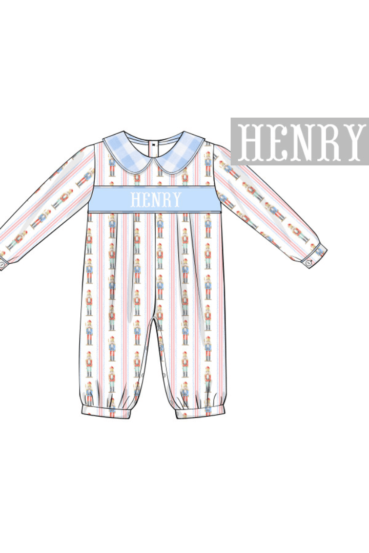 The Smocked Flamingo Pre-Order Hand Smocked Custom Name Nutcracker Romper